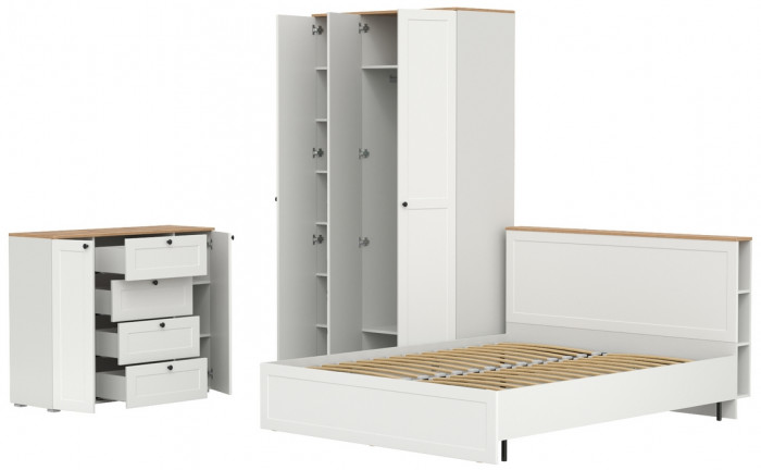 Остин 11.53 Кровать + ортопед + 13.336.03 Шкаф для одежды + 16.221 Комод, белый шагрень/дуб крафт золотой