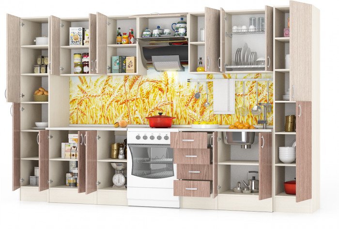 Кухня Мери 11 Пенал+ШВ600+ШВ400+ШВв600+ШВ400+ШВ600+Пенал+ШН600+ШН4Я400+ШН400+ШН600, цвет дуб/ясень шимо светлый/тёмный, ШхГхВ 340х60х212 см.
