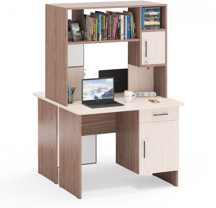 Два стола письменных с надстройкой С-МД-1-09Н, цвет ясень шимо светлый/ясень шимо тёмный, ШхГхВ 210х57х162 см., НЕ универсальная сборка