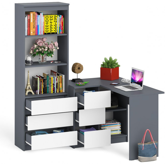Мори Стол компьютерный МС-16 левый + Стеллаж МСТ600.3, цвет графит/белый, ШхГхВ 184,8х84,9х179,6 см., выдвижные ящики слева, НЕ универсальная сборка