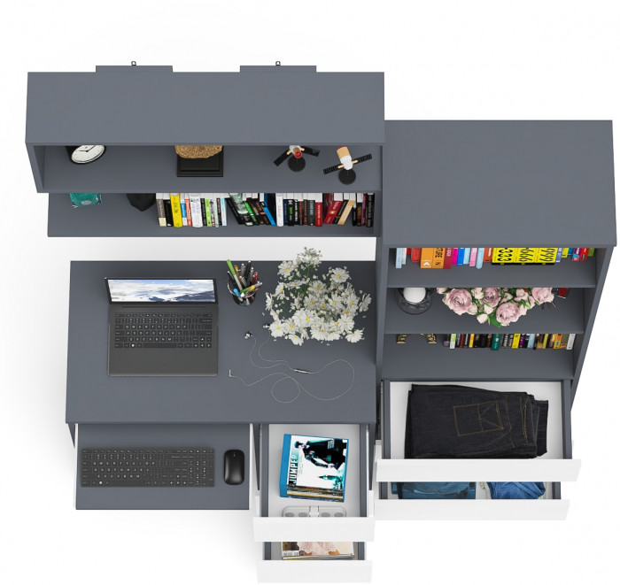 Мори Стол компьютерный МС-6 правый + Стеллаж МСТ600.3 + Полка 900, цвет графит/белый, ШхГхВ 150,4х50х209,6 см., НЕ универсальная сборка