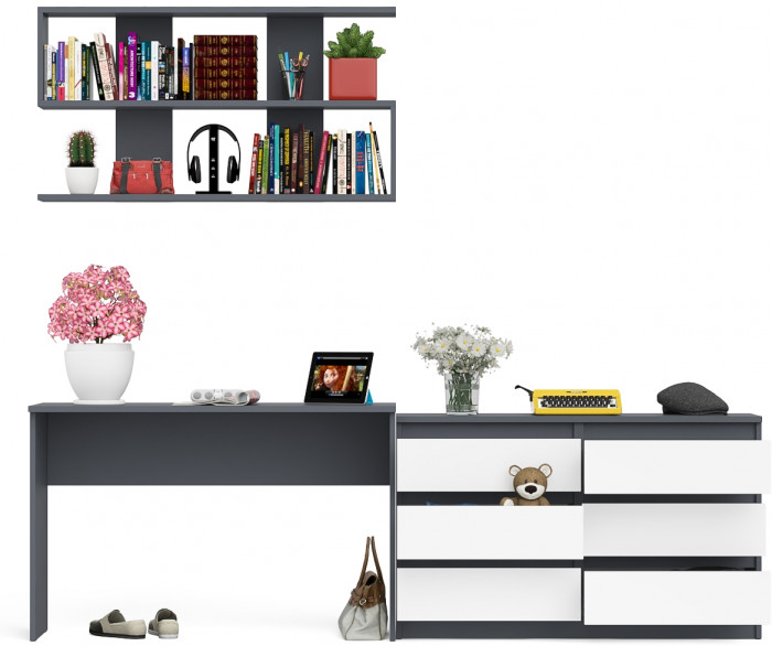 Мори Стол письменный МСП1200.1 + Комод МК1200.6 + Полка 1200, цвет графит/белый, ШхГхВ 240,8х50х209,6 см., универсальная сборка