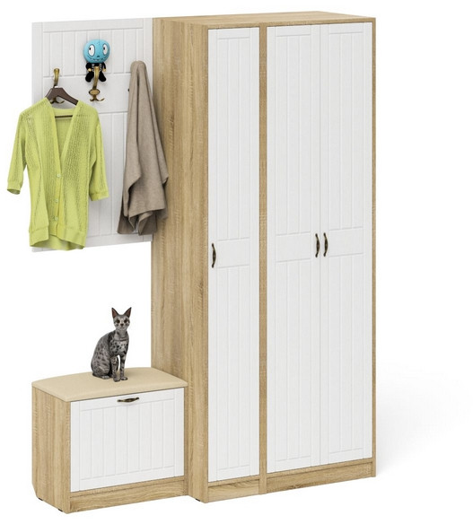 Прихожая П-6 Компоновка № 47, дуб сонома/фасады МДФ белое дерево фрезеровка прованс