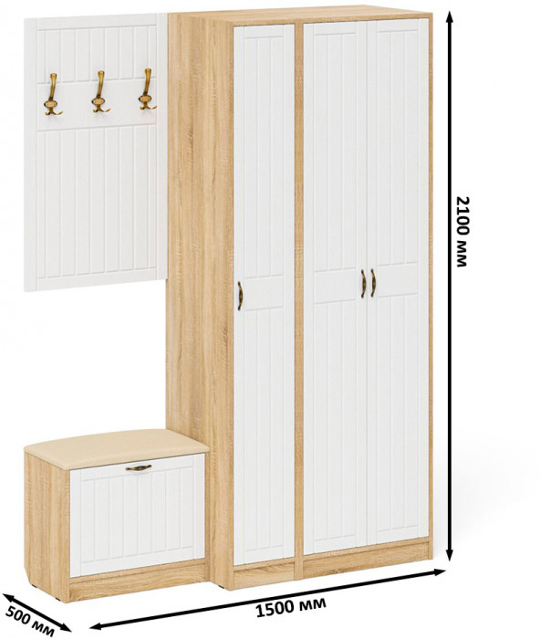 Прихожая П-6 Компоновка № 47, дуб сонома/фасады МДФ белое дерево фрезеровка прованс