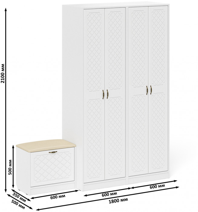 Прихожая П-6 Компоновка № 07, цвет белая шагрень/фасады МДФ белое дерево фрезеровка ромб, ШхГхВ 180х50х210 см., универсальная сборка