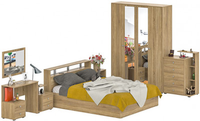 Камелия спальня № 3 Кровать 1600 + Две тумбы + Стол косметич. + Зеркало + Комод + Шкаф 4-х, дуб сонома