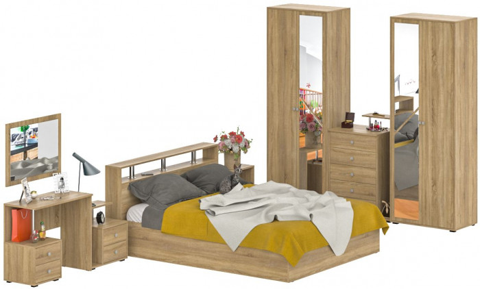 Камелия спальня № 3 Кровать 1600 + Две тумбы + Стол косметич. + Зеркало + Комод + Шкаф 4-х, дуб сонома