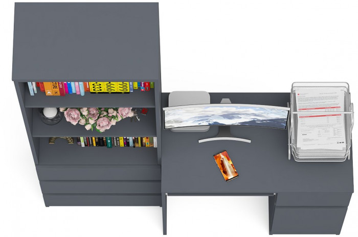 Мори компьютерный стол МС-1 правый + Стеллаж МСТ600.3, графит