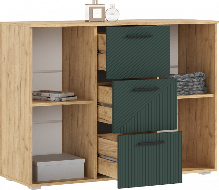 Сильвия Комод (3 ящика/2 двери) 1200, Браш Мени Грин/Дуб крафт