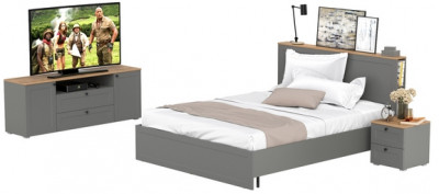 Остин 11.53 Кровать + ортопед + 16.47 Тумба под ТВ + 16.152 Тумба прикроватная, серый графит/дуб крафт золотой