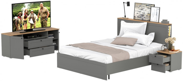 Остин 11.53 Кровать + ортопед + 16.47 Тумба под ТВ + 16.152 Тумба прикроватная, серый графит/дуб крафт золотой