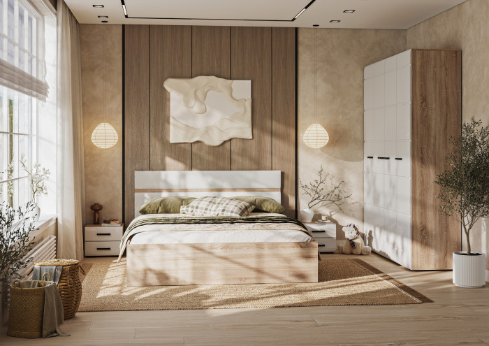 ЛИБЕРТИ КР 01 Кровать 1,4 (1432х900х2032) Фасад МДФ БЕЛЫЙ ГЛЯНЕЦ/Корпус ДУБ СОНОМА