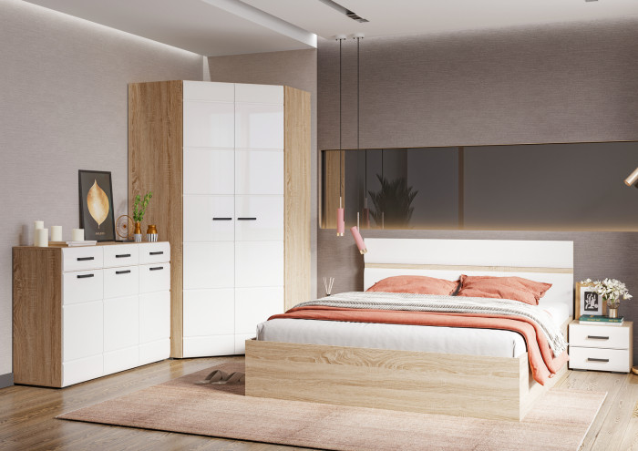 ЛИБЕРТИ КР 01 Кровать 1,4 (1432х900х2032) Фасад МДФ БЕЛЫЙ ГЛЯНЕЦ/Корпус ДУБ СОНОМА