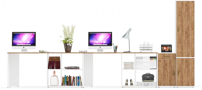 Лидер-8 Стол + Стол + Пенал МД 21Б + Тумба МД 3.15, цвет белый шагрень/крафт золото, ШхГхВ 410х50/37,5х75/190 или 230х160/50х75/190 см., НЕ ун. сб.