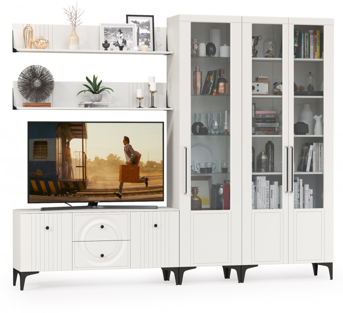 Валенсия Гостиная № 078, цвет ЛДСП белый шагрень/МДФ белый шагрень, ШхГхВ 272,2х38,3х225,2 см., универсальная сборка