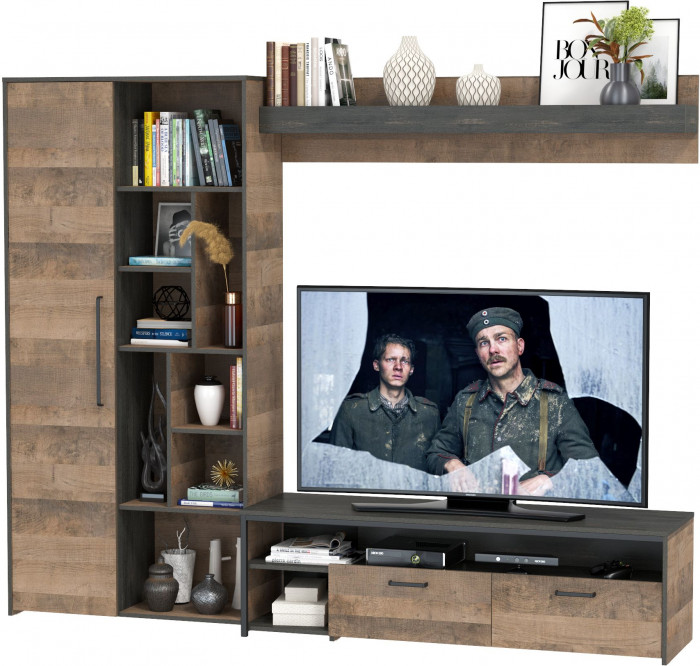 Трувор 13.70 Тумба под ТВ + 13.206 Шкаф-стеллаж + 15.60 Полка, цвет дуб гранж песочный/интра, ШхГхВ 242,8х45,4х194,2 см., универсальная сборка