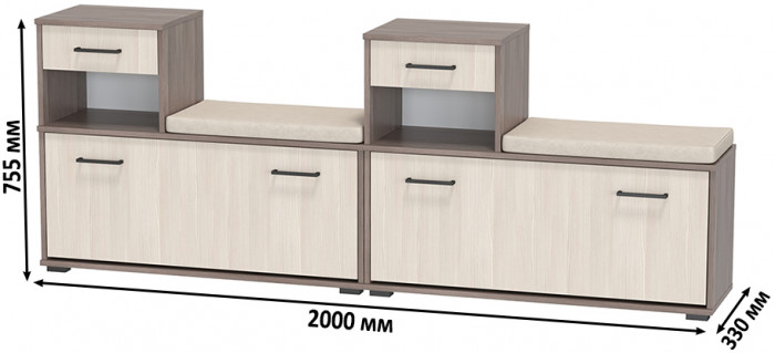 Лира ГК 2-0714+2-0714бод.тем/св Тумба под обувь, цвет бодега тёмный/бодега светлый, ШхГхВ 200х33х75,5 см., универсальная сборка