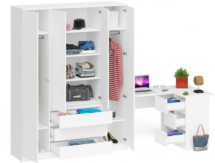 Мори компьютерный стол МС-16 правый + Шкаф МШ1600.1, белый