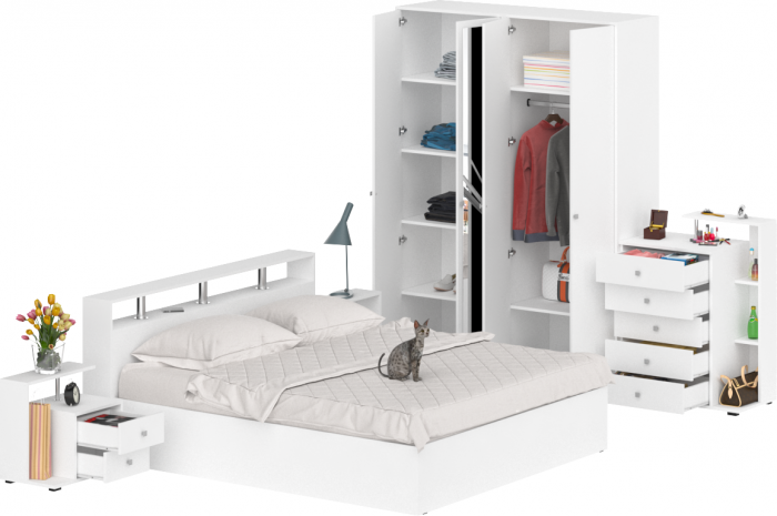 Камелия спальня № 4 Кровать 1800 + Две тумбы + Комод + Шкаф 4-х створчатый, белый