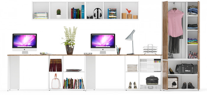 Лидер-8 Стол + Полка + Стол + Полка + Шкаф МД 20Б, белый шагрень/крафт золото