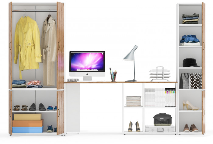 Лидер-8 Шкаф МД 19Б + Стол + Пенал 22Б, белый шагрень/крафт золото