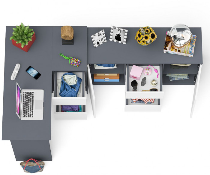 Мори компьютерный стол МС-16 правый + Комод МК1200.3, графит/белый