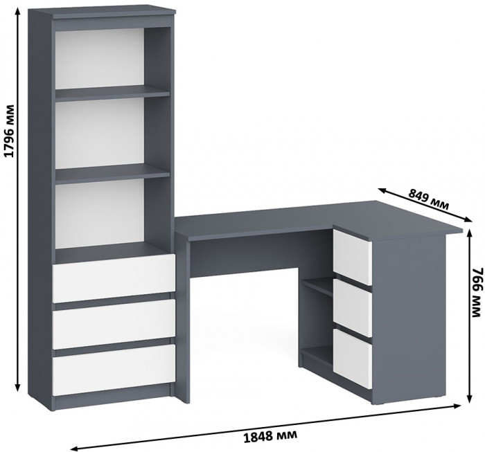 Мори компьютерный стол МС-16 правый + Стеллаж МСТ600.3, графит/белый