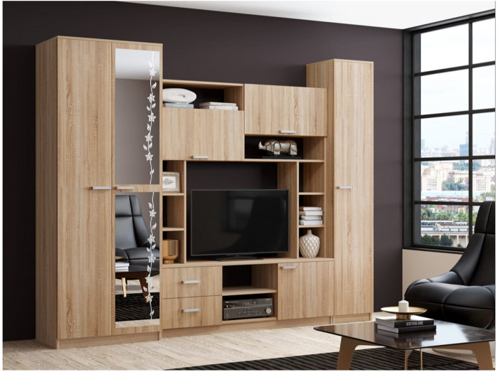 Гостиная Флора-4 ЛДСП (Дуб Крафт золотой / Графит Софт)