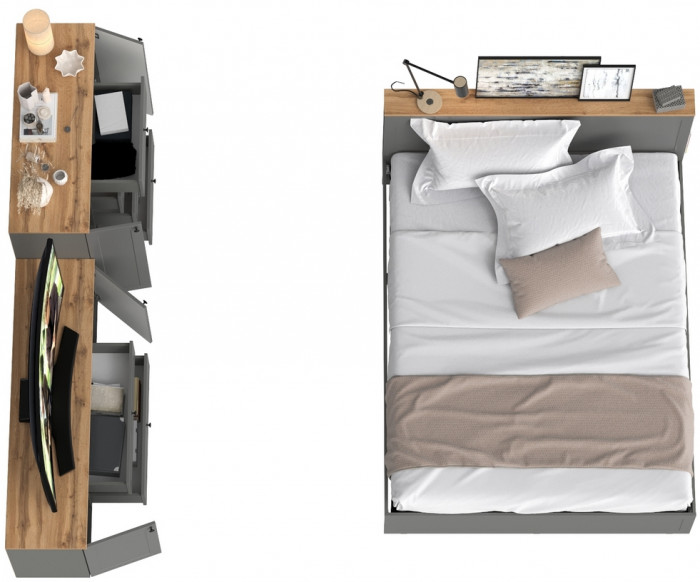 Остин 11.53 Кровать + ортопед + 16.47 Тумба под ТВ + 16.221 Комод, серый графит/дуб крафт золотой