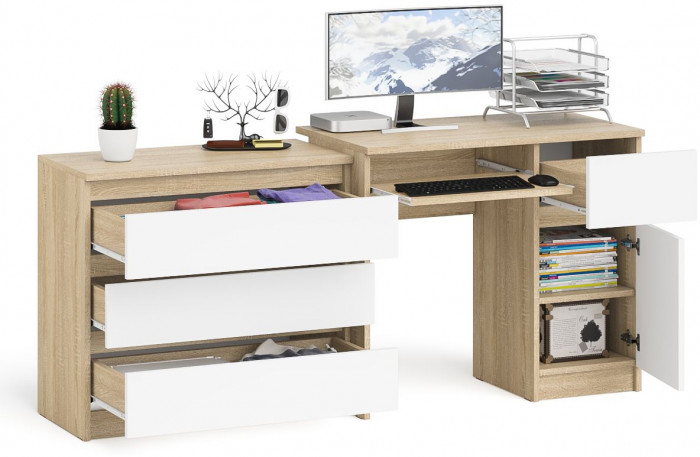 Мори Стол компьютерный МС-1 правый + Комод МК800.1, цвет дуб сонома/белый, ШхГхВ 170,4х50х76,6 см., выдвижной ящик справа, НЕ универсальная сборка