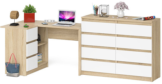 Мори Стол компьютерный МС-16 левый + Комод МК1200.8, цвет дуб сонома/белый, ШхГхВ 244,8х84,9х94 см., выдвижные ящики слев, НЕ универсальная сборкаа