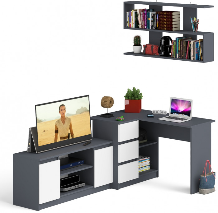Мори компьютерный стол МС-16 левый + Тумба МТВ1200.1 + Полка 1200, графит/белый