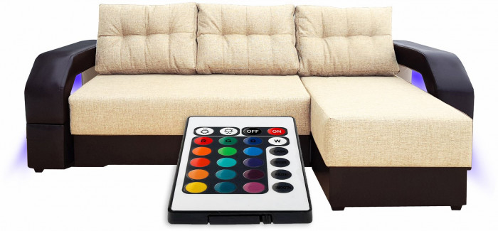 Диван-кровать раскладной еврокнижка, угловой Манчестер , с подсветкой, рогожка/экокожа, ширина спального места 150 см, бежевый