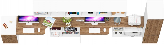 Лидер-8 Стол + Полка + Стол + Полка + Пенал МД 23Б + Тумба МД 3.16, цвет белый шагрень/крафт золото, 410х50х75/190 или 270х120/50х75/190, НЕ ун. сб.