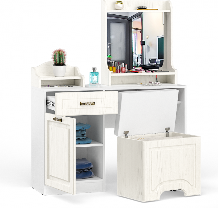 Ливерпуль Стол туалетный 12.46 + Полка 10.118 + Полка 10.117 + Пуф 14.02, ясень ваниль/белый