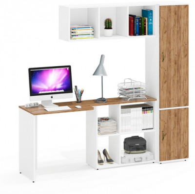 Лидер-8 Стол + Полка + Пенал МД 21Б, белый шагрень/крафт золото