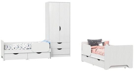 КР100 Уна 11.22 Две кровати с ящиками + 13.327 Шкаф для одежды, цвет белый(структура Поры дерева), сп. м. 2х800х1600 мм., б/м, основание есть