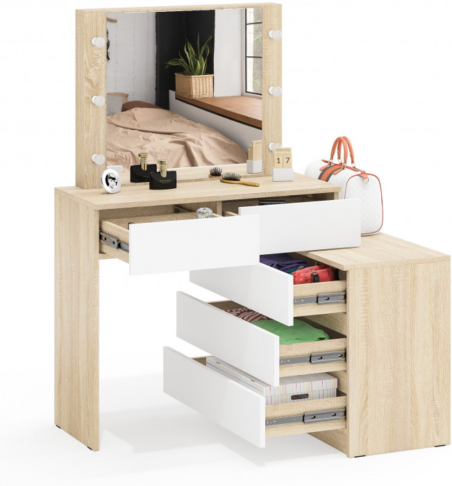 Стол косметический с подсветкой 110, дуб сонома/белый
