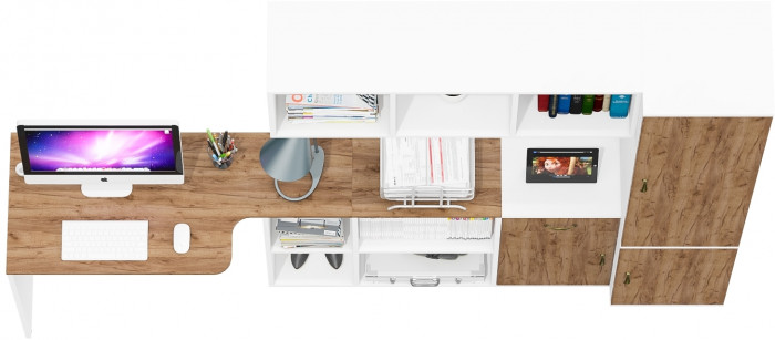 Лидер-8 Стол + Полка + Тумба МД 3.15 + Пенал МД 22Б, белый шагрень/крафт золото