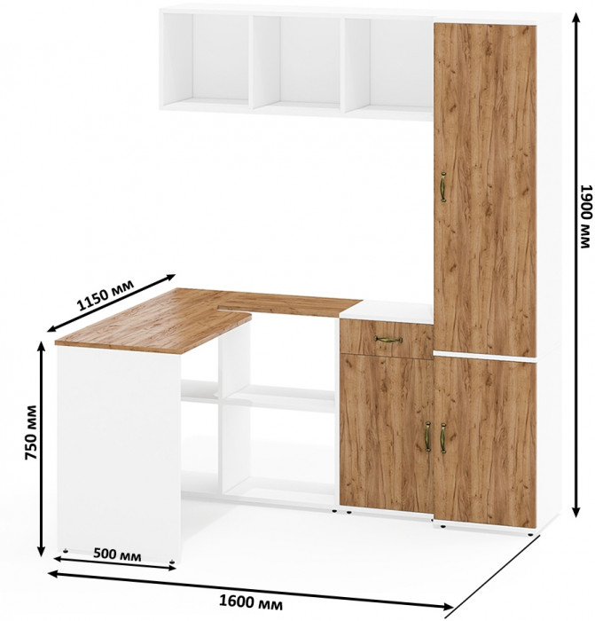 Лидер-8 Стол + Полка + Тумба МД 3.15 + Пенал МД 22Б, белый шагрень/крафт золото