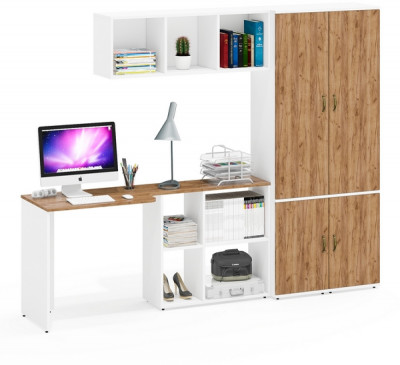 Лидер-8 Стол + Полка + Пенал МД 22Б + Пенал МД 22Б, белый шагрень/крафт золото