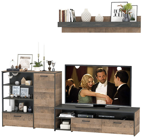 Трувор 13.70 Тумба под ТВ + 13.307.01 Комод + 15.60 Полка, цвет дуб гранж песочный/интра, ШхГхВ 258,8х45,4х195 см., универсальная сборка