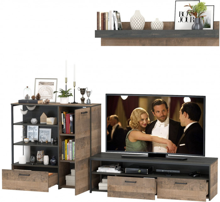 Трувор 13.70 Тумба под ТВ + 13.307.01 Комод + 15.60 Полка, цвет дуб гранж песочный/интра, ШхГхВ 258,8х45,4х195 см., универсальная сборка