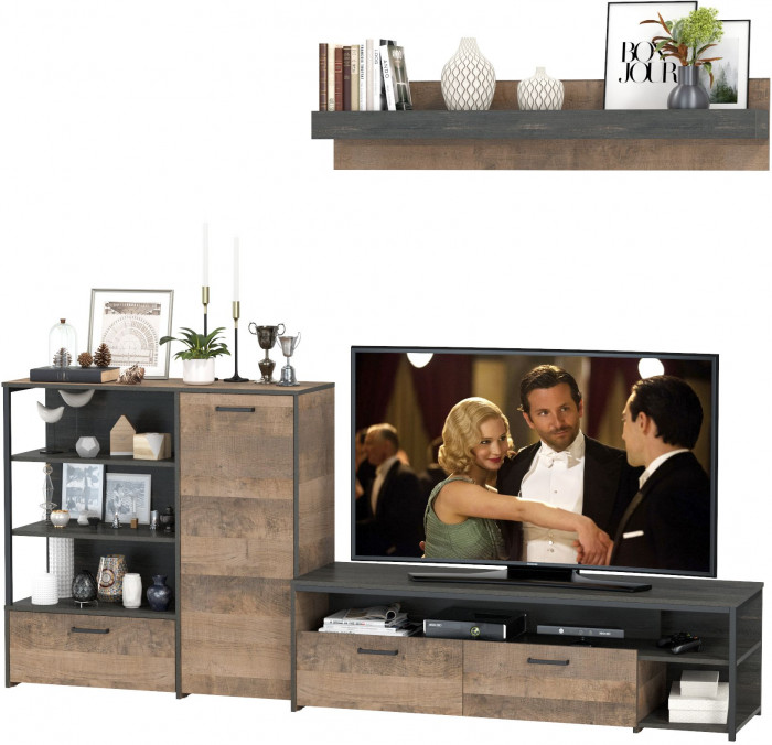 Трувор 13.70 Тумба под ТВ + 13.307.01 Комод + 15.60 Полка, цвет дуб гранж песочный/интра, ШхГхВ 258,8х45,4х195 см., универсальная сборка