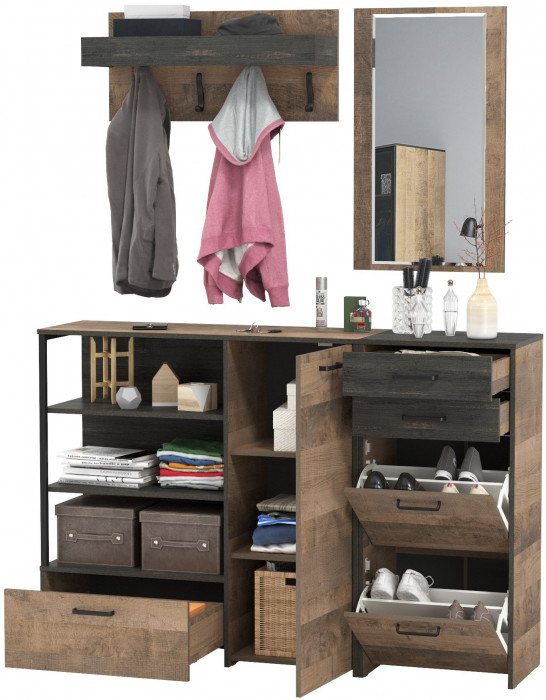 Трувор Прихожая 166, цвет дуб гранж песочный/интра, ШхГхВ 159х37х195 см., универсальная сборка