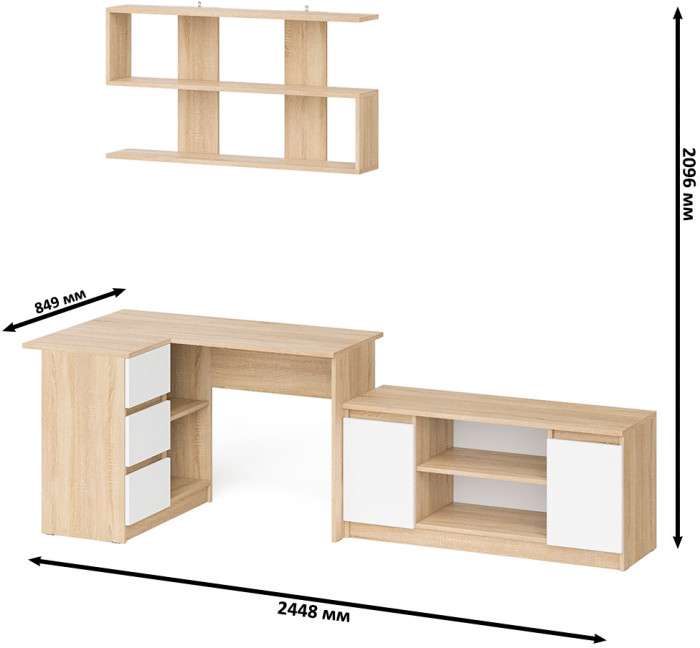 Мори компьютерный стол МС-16 левый + Тумба МТВ1200.1 + Полка 1200, дуб сонома/белый
