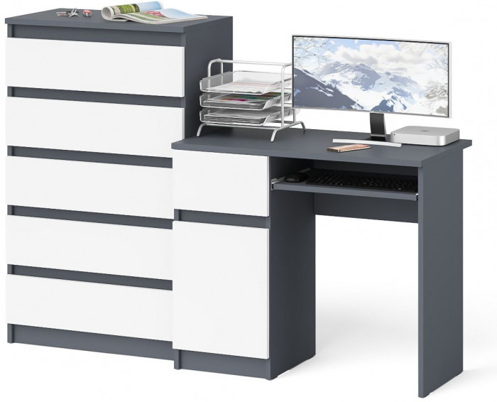 Мори Стол компьютерный МС-1 левый + Комод МК700.5, цвет графит/белый, ШхГхВ 160,4х50х114 см., выдвижной ящик слева, НЕ универсальная сборка
