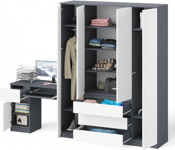 Мори Стол компьютерный МС-1 левый + Шкаф МШ1600.1, цвет графит/белый, ШхГхВ 250,4х50,4х209,6 см., выдвижной ящик слева, НЕ универсальная сборка