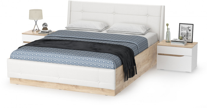 Муссон Кровать 11.28 + подъёмный ортопед + 2 х Тумба 16.03, цвет белый/дуб эндгрейн элегантный/кожзам белый/, сп. м. 1600х2000 мм., б/м